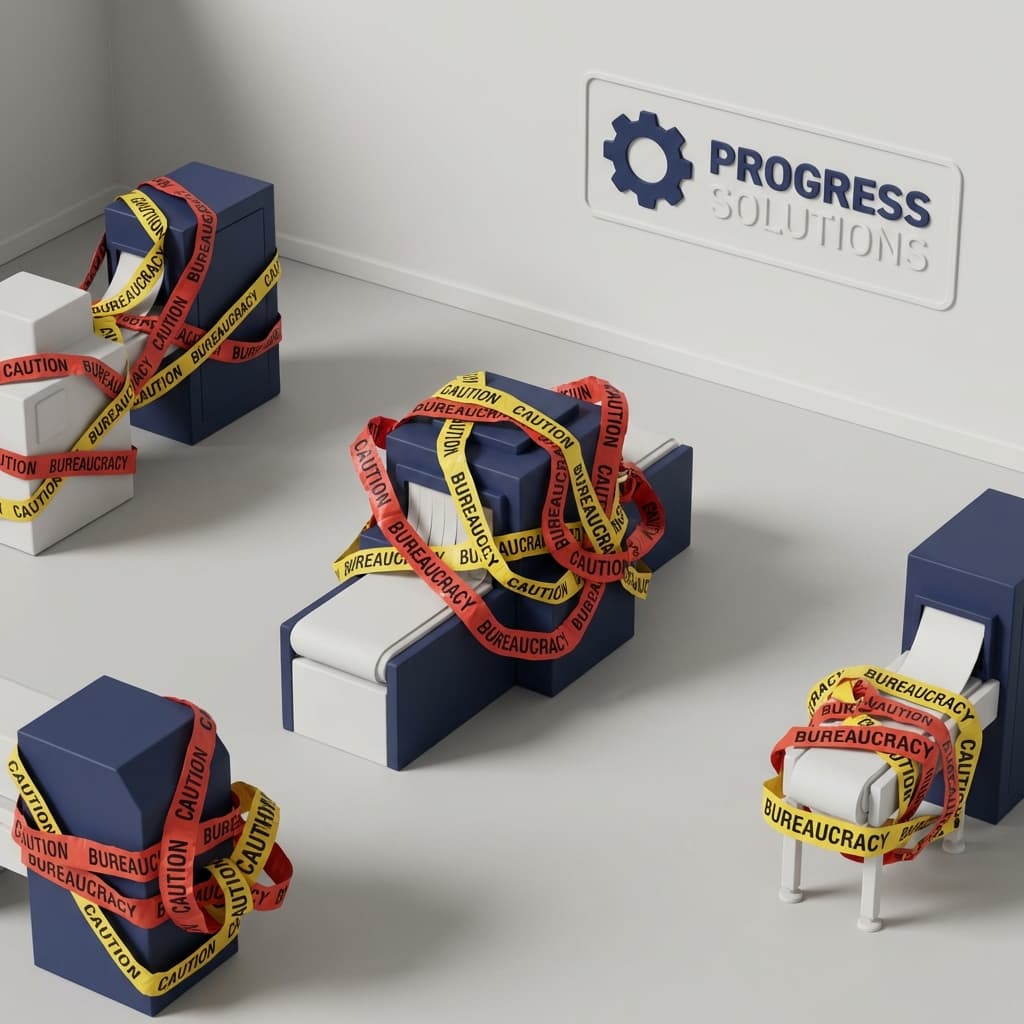 Abstrakcyjna ilustracja przedstawiająca stertę splątanych kabli i dokumentów, symbolizująca marnotrawstwo i chaos w procesach.